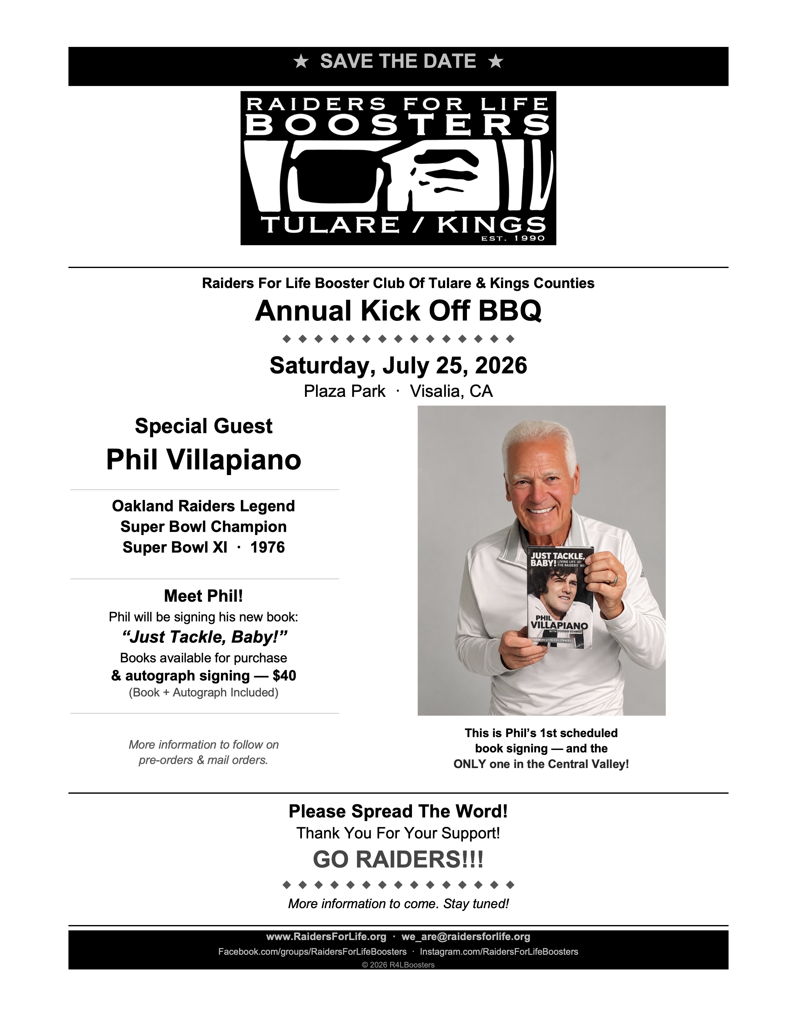 Annual Kick Off BBQ – Saturday July 25, 2026 – Plaza Park, Visalia – Special Guest Phil Villapiano